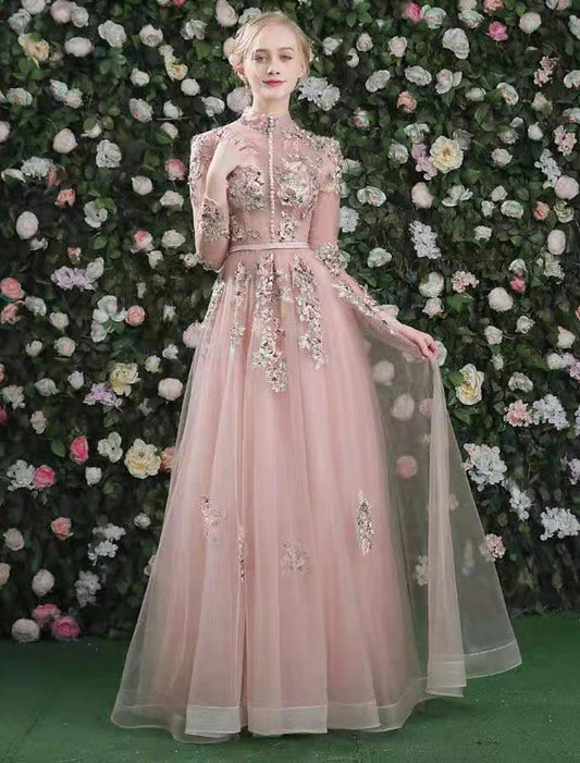 A-Line Cut Out Floral Prom Formal Evening Dress High Neck Long Sleeve Floor Length Organza with Embroidery