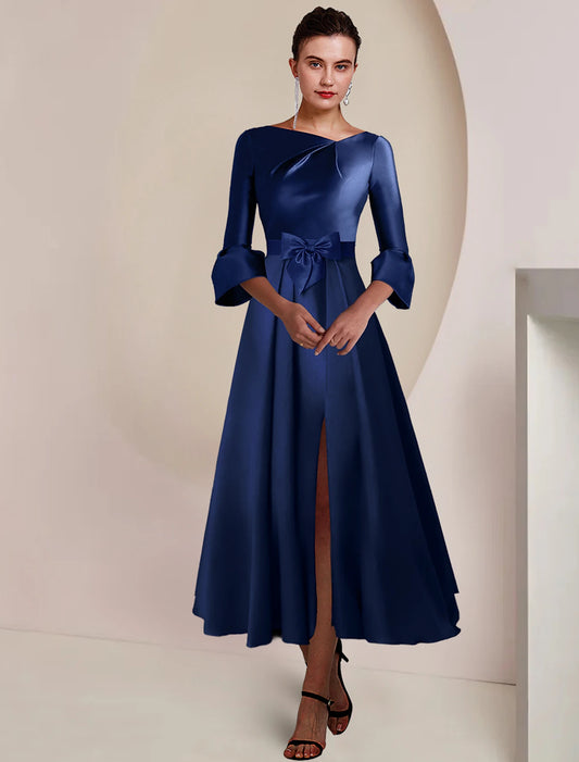 A-Line Mother of the Bride Dress Formal Wedding Guest Elegant Party Bateau Neck Tea Length Satin 3/4 Length Sleeve with Bow(s) Split Front