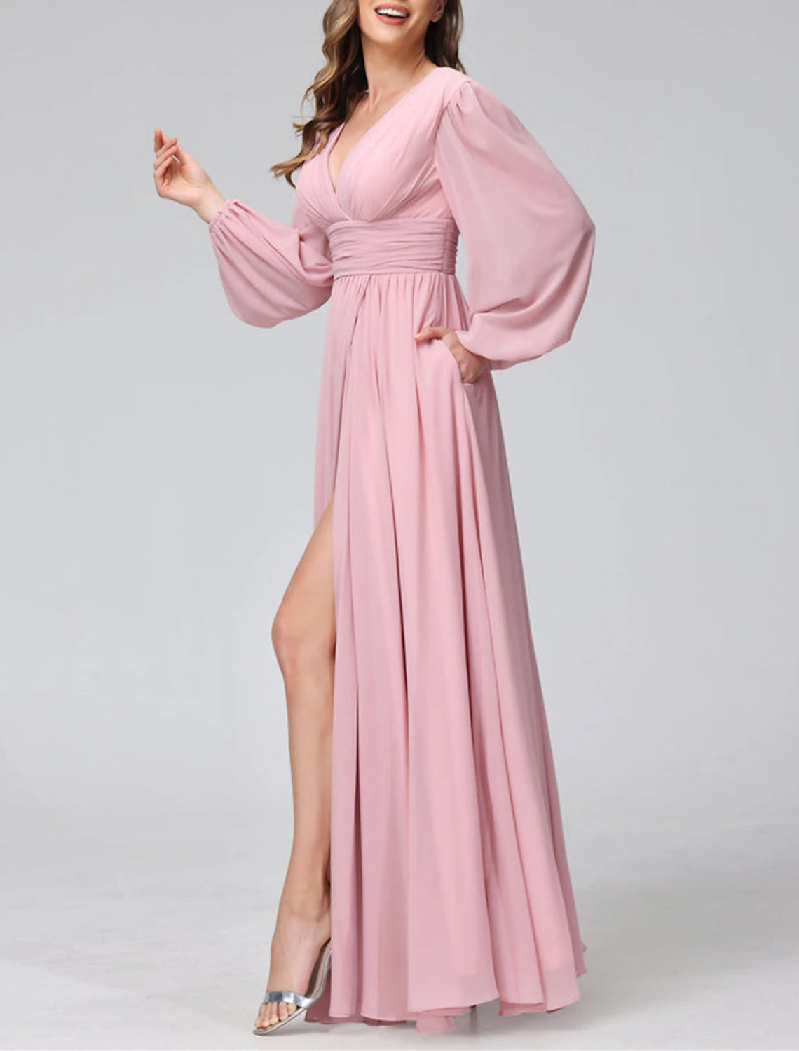 A-Line Bridesmaid Dress V Neck Long Sleeve Pink Floor Length Chiffon with Split Front / Ruching