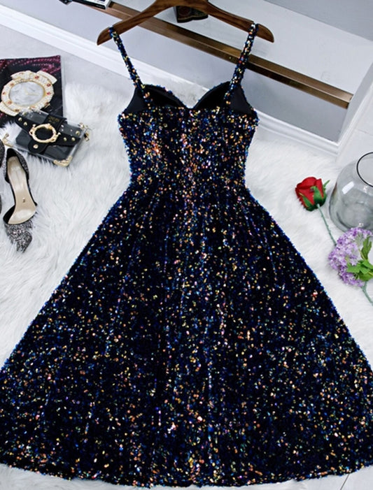 A-Line Sparkle & Shine Holiday Cocktail Party Dress Spaghetti Strap Sleeveless Knee Length Sequined with Sequin