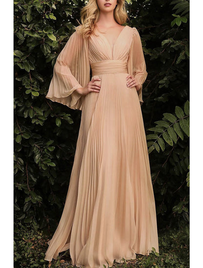 Sheath / Column Wedding Guest Dresses Elegant Dress Wedding Guest Floor Length Long Sleeve V Neck Chiffon with Pleats Ruched