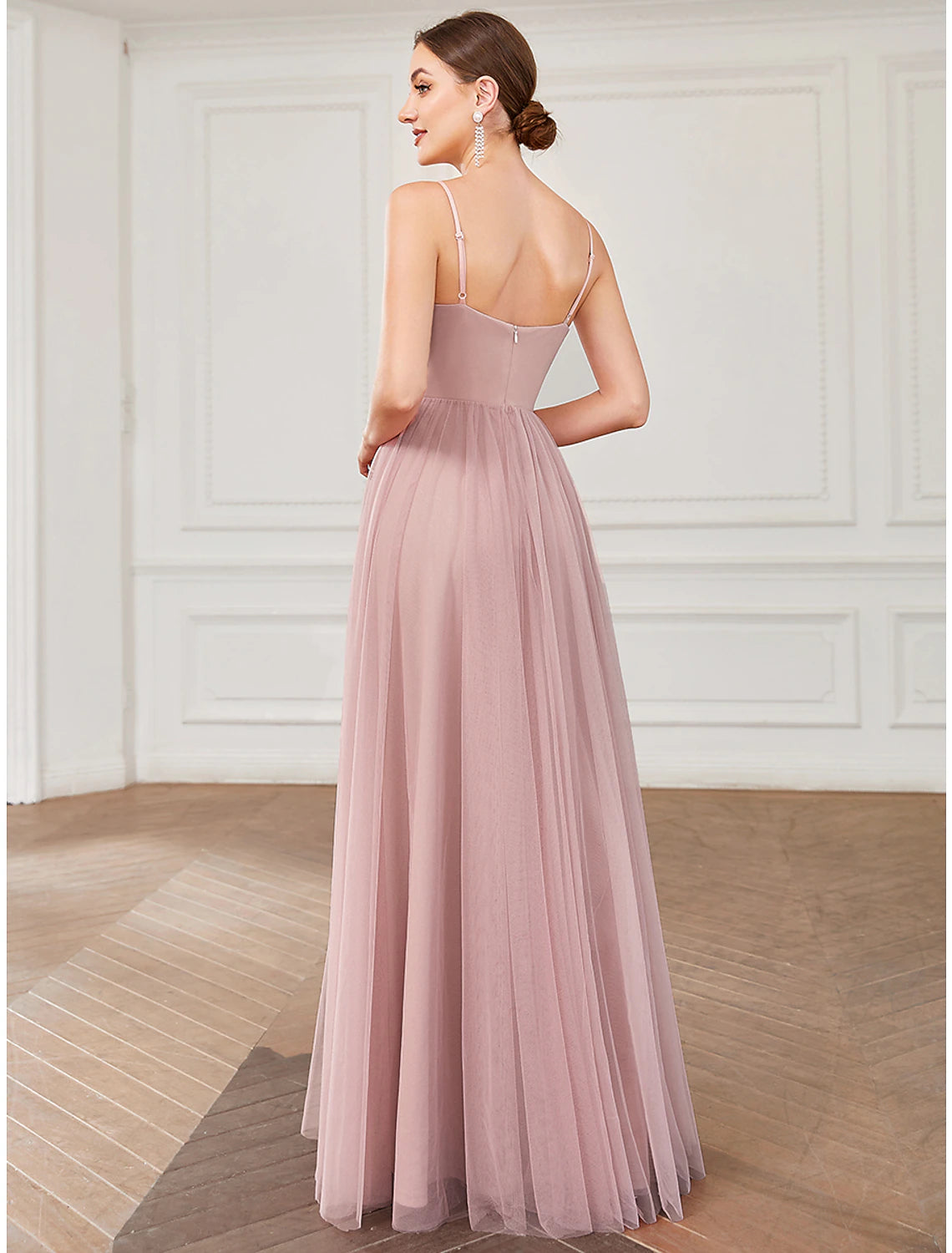 A-Line Prom Dresses Vintage Dress Wedding Guest Floor Length Sleeveless V Neck Tulle V Back with Pleats Draping