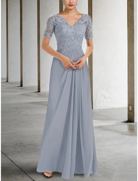 A-Line Mother of the Bride Dress Wedding Guest Elegant V Neck Floor Length Chiffon Lace Short Sleeve with Ruching Solid Color