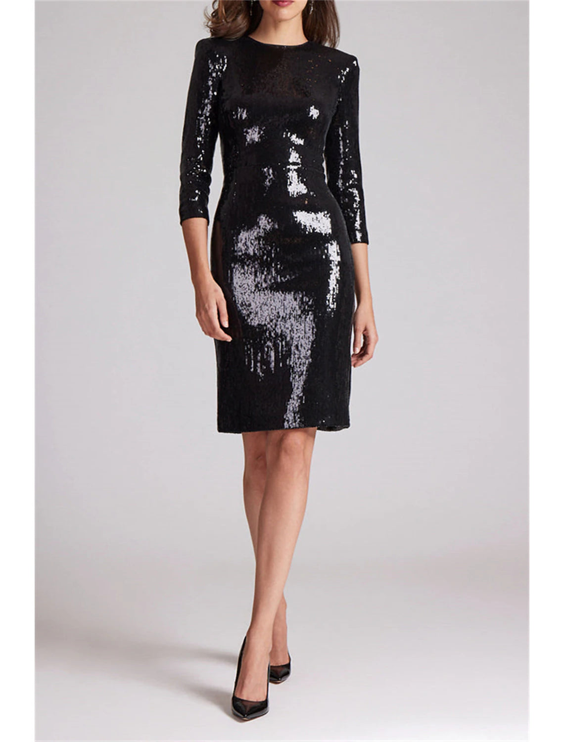 A-Line Sheath / Column Mother of the Bride Dress Wedding Guest Elegant Sparkle & Shine Bateau Neck Detachable Charmeuse Sequined 3/4 Length Sleeve with Bow(s) Split Front Bandage