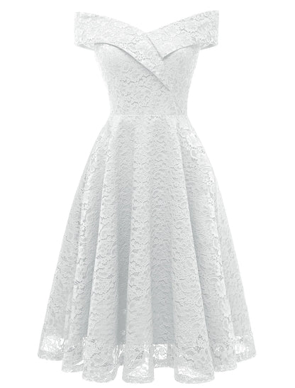 A-Line WE Party Dress Holiday Knee Length Short Sleeve Off Shoulder Lace with Pleats Lace Insert