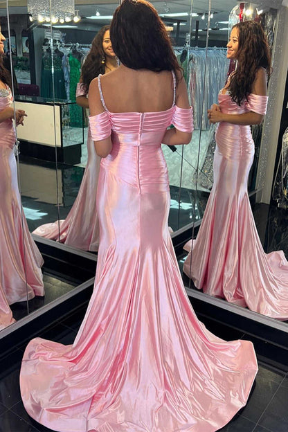 Elegant Beaded Ruched Spaghetti Straps Long Sheath Mermaid Long Prom Dresses