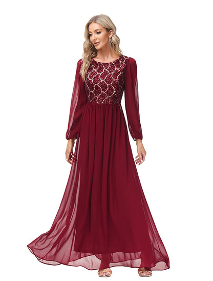 A-Line Evening Gown Empire Dress Party Wear Floor Length Long Sleeve Jewel Neck Chiffon V Back with Sequin Splicing