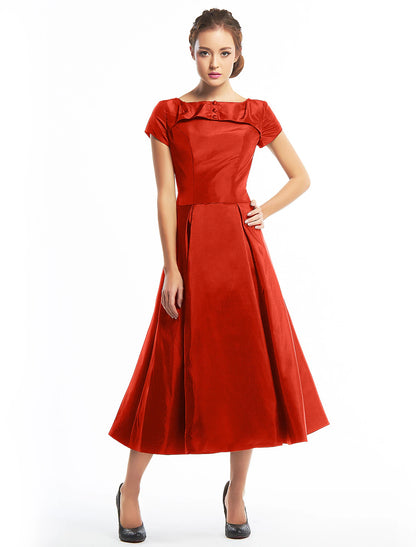 A-Line Vintage Dress Homecoming Tea Length Short Sleeve Boat Neck Taffeta with Buttons