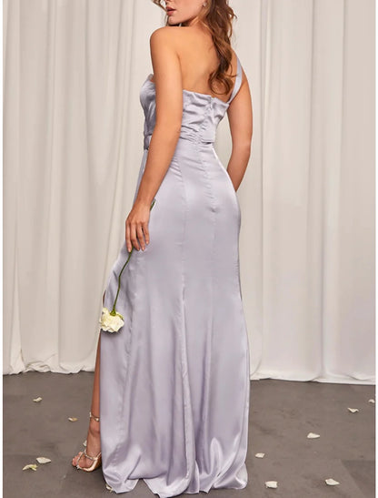 Sheath / Column Bridesmaid Dress One Shoulder Sleeveless Elegant Sweep / Brush Train Stretch Satin with Split Front / Ruching