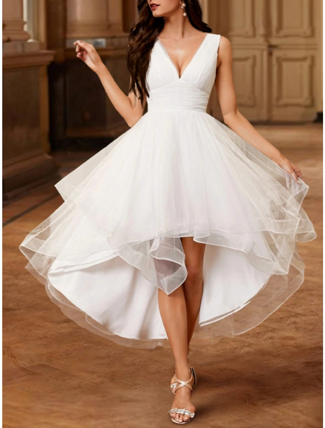 Little White Dresses Wedding Dresses A-Line V Neck Sleeveless Asymmetrical Tulle Bridal Gowns With Pleats Ruched