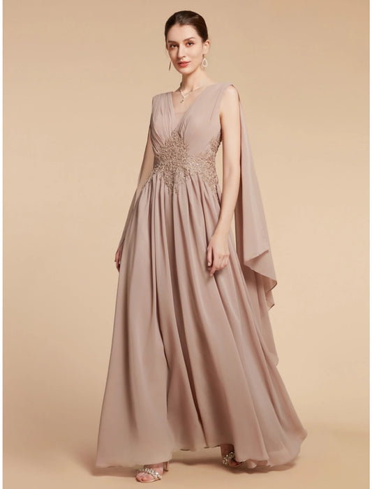 A-Line Mother of the Bride Dress Wedding Guest Elegant V Neck Ankle Length Chiffon Lace Sleeveless with Ruching Solid Color