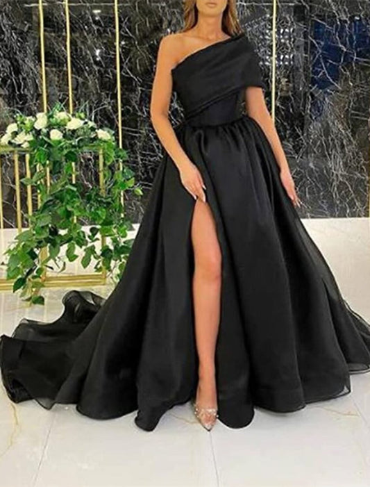 Ball Gown Evening Gown Celebrity Style Dress Wedding Guest Birthday Court Train Sleeveless One Shoulder Wednesday Addams Family Organza with Slit Pure Color