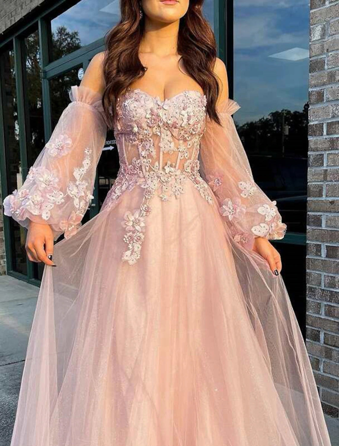 A-Line Prom Dresses Sparkle Dress Wedding Floor Length Long Sleeve Strapless Tulle with Sequin