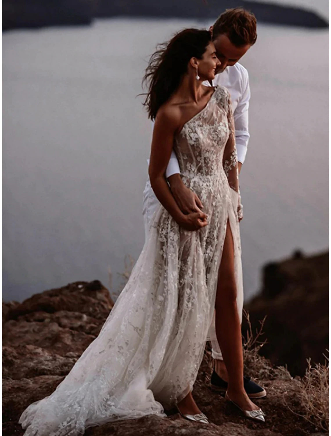 Beach Sexy Boho Wedding Dresses A-Line One Shoulder Long Sleeve Sweep