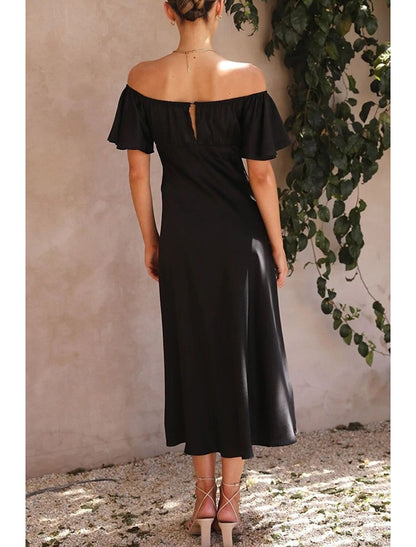 A-Line Wedding Guest Dresses Party Dress Wedding Birthday Ankle Length Short Sleeve Off Shoulder Satin with Ruffles Slit