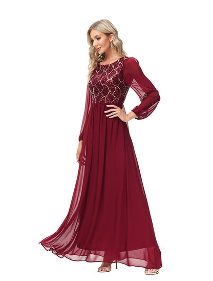 A-Line Evening Gown Empire Dress Party Wear Floor Length Long Sleeve Jewel Neck Chiffon V Back with Sequin Splicing