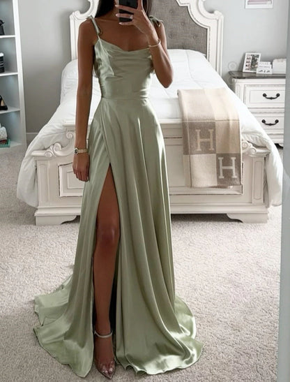 A-Line Prom Dresses High Split Dress Evening Party Birthday Court Train Sleeveless Spaghetti Strap Satin with Ruched Slit Strappy
