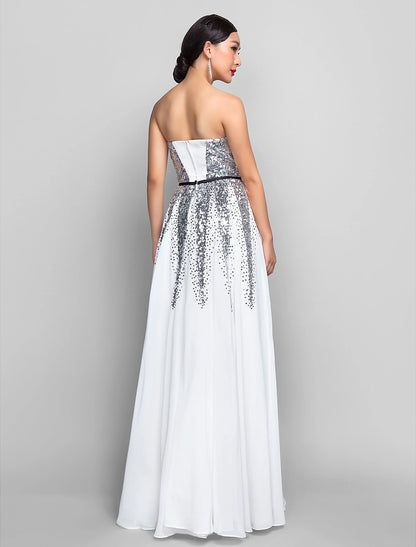 A-Line Sweetheart Neckline Floor Length Chiffon / Sequined Dress with Sequin / Sash / Ribbon