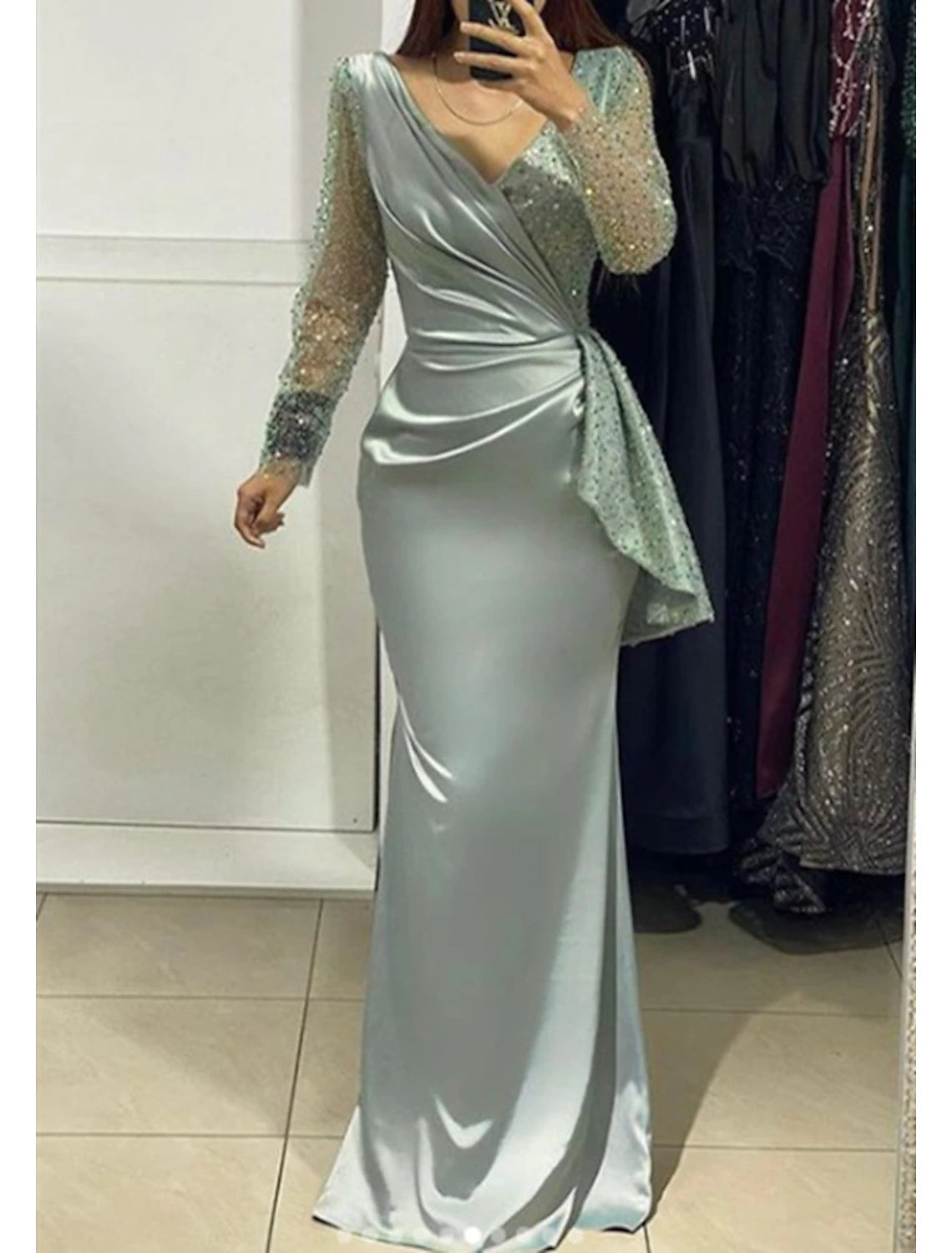 Mermaid / Trumpet Evening Gown Sparkle & Shine Dress Formal Wedding Guest Floor Length Long Sleeve V Neck Fall Wedding Guest Charmeuse with Ruched Pearls