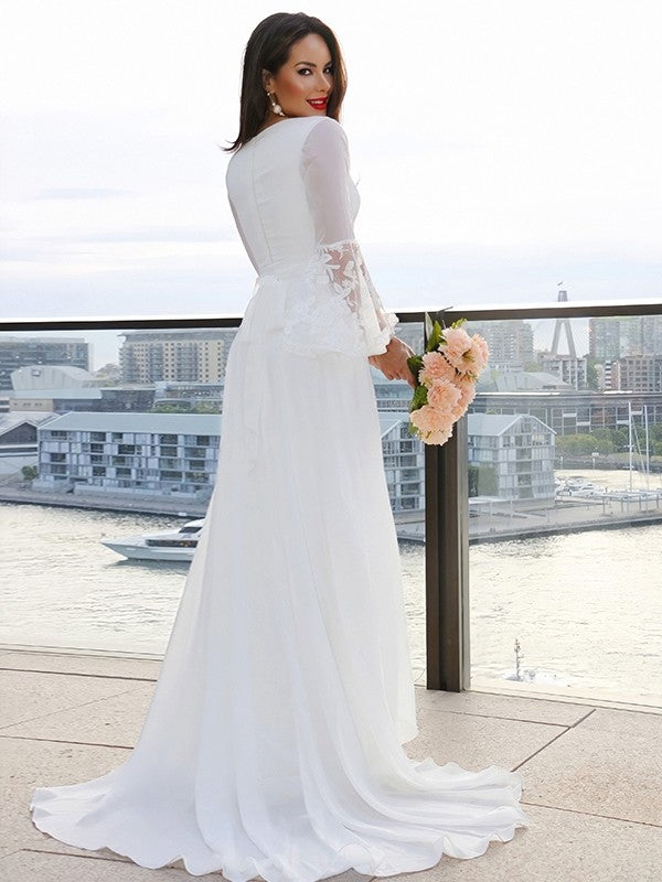 A-Line/Princess Lace V-neck Long Sleeves Sash/Ribbon/Belt Sweep/Brush Train Wedding Dresses