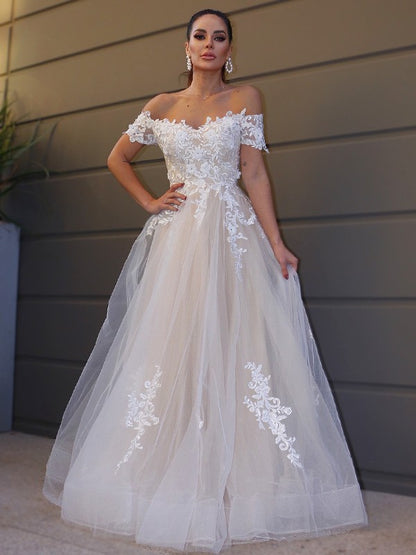 A-Line/Princess Tulle Off-the-Shoulder Short Sleeves Applique Floor-Length Wedding Dresses