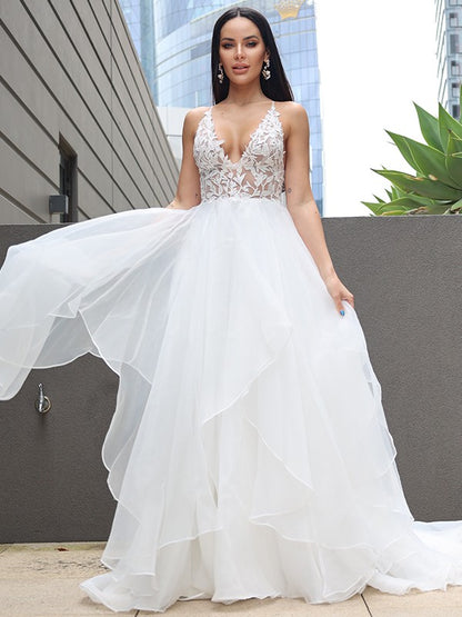 A-Line/Princess Lace Ruffles V-neck Sleeveless Sweep/Brush Train Wedding Dresses