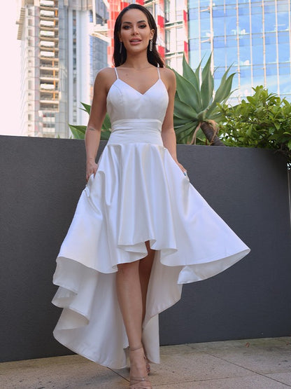 A-Line/Princess Satin Ruched V-neck Sleeveless Asymmetrical Wedding Dresses