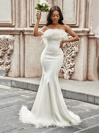 Trumpet/Mermaid Strapless Stretch Crepe Feathers/Fur Sleeveless Sweep/Brush Train Wedding Dresses