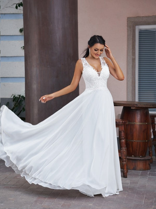 A-Line/Princess Chiffon Lace V-neck Sleeveless Floor-Length Wedding Dresses