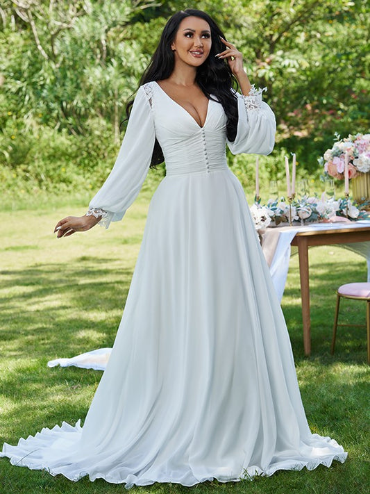 A-Line/Princess Chiffon Ruffles V-neck Long Sleeves Sweep/Brush Train Wedding Dresses