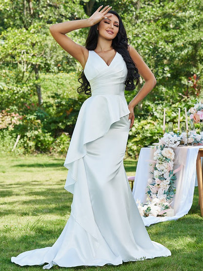 Sheath/Column Satin Ruffles V-neck Sleeveless Sweep/Brush Train Wedding Dresses