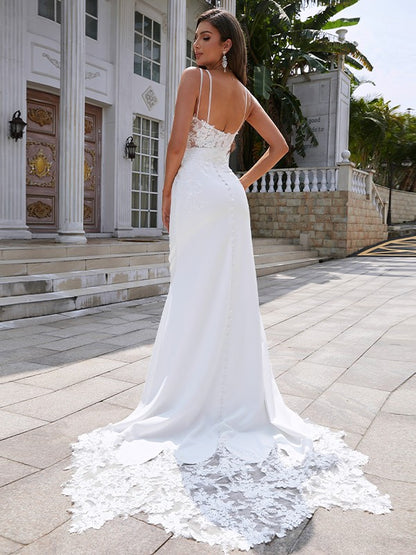 Sheath/Column Stretch Crepe Lace V-neck Sleeveless Sweep/Brush Train Wedding Dresses