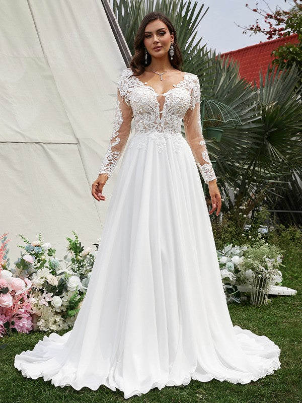 A-Line/Princess Chiffon Applique V-neck Long Sleeves Sweep/Brush Train Wedding Dresses