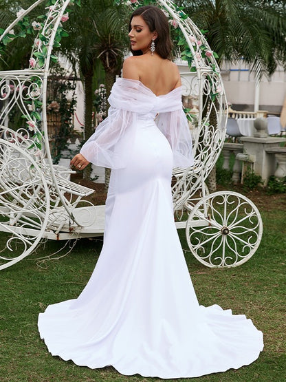 Sheath/Column Stretch Crepe Ruched Off-the-Shoulder Long Sleeves Sweep/Brush Train Wedding Dresses