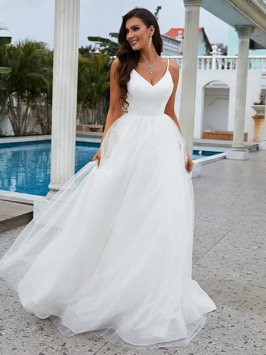 A-Line/Princess Ruffles V-neck Sleeveless Sweep/Brush Train Wedding Dresses