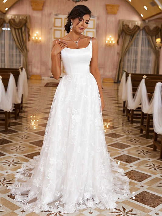 A-Line/Princess Lace Applique Spaghetti Straps Sleeveless Sweep/Brush Train Wedding Dresses