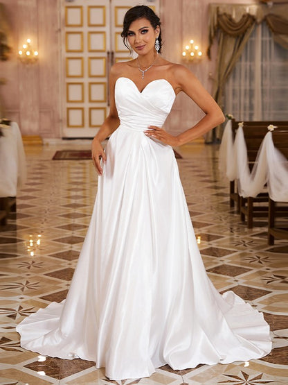 A-Line/Princess Satin Ruched Sweetheart Sleeveless Sweep/Brush Train Wedding Dresses