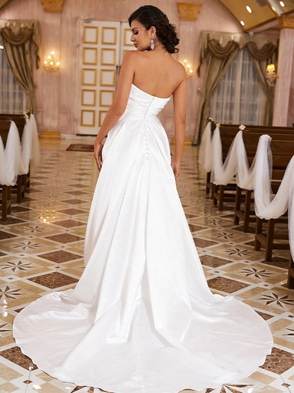 A-Line/Princess Satin Ruched Sweetheart Sleeveless Sweep/Brush Train Wedding Dresses