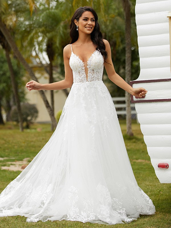 A-Line/Princess Tulle Applique V-neck Sleeveless Court Train Wedding Dresses