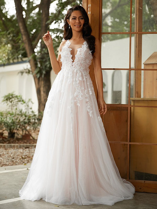 A-Line/Princess Tulle Applique Scoop Sleeveless Sweep/Brush Train Wedding Dresses