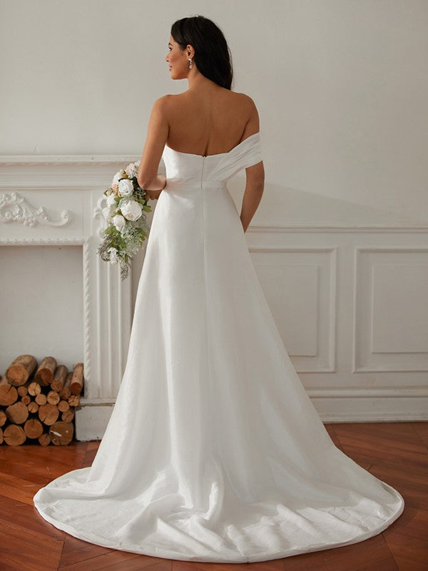 A-Line/Princess Ruched One-Shoulder Sleeveless Sweep/Brush Train Wedding Dresses