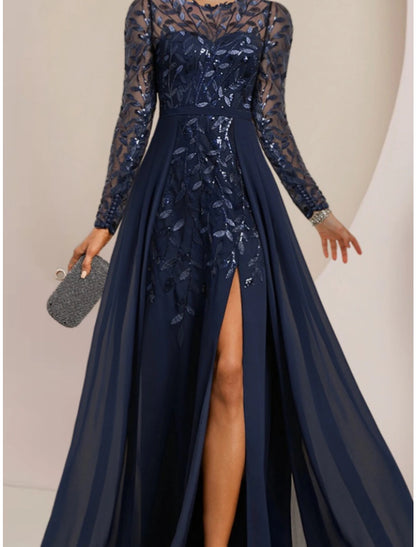 A-Line Mother of the Bride Dress Wedding Guest Elegant Jewel Neck Floor Length Chiffon Lace Sequined Long Sleeve with Split Front Ruching Solid Color