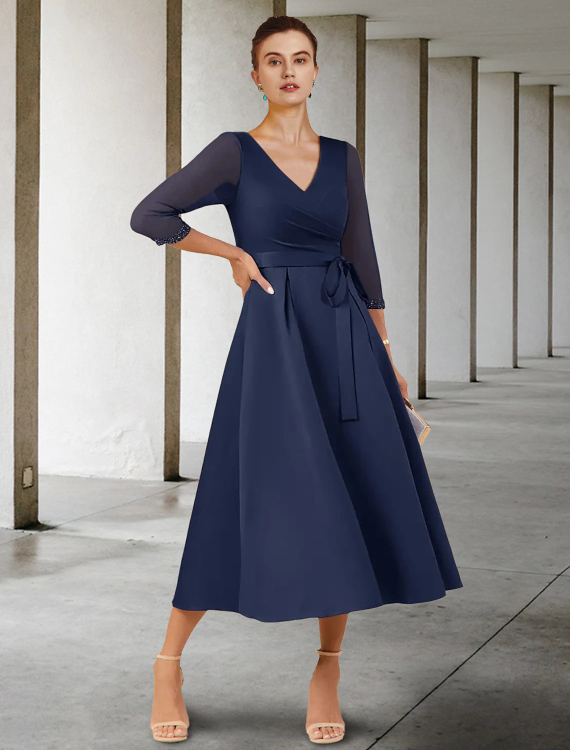 A-Line Mother of the Bride Dress Wedding Guest Elegant Petite V Neck Tea Length Stretch Chiffon 3/4 Length Sleeve with Bow(s) Crystals Ruching