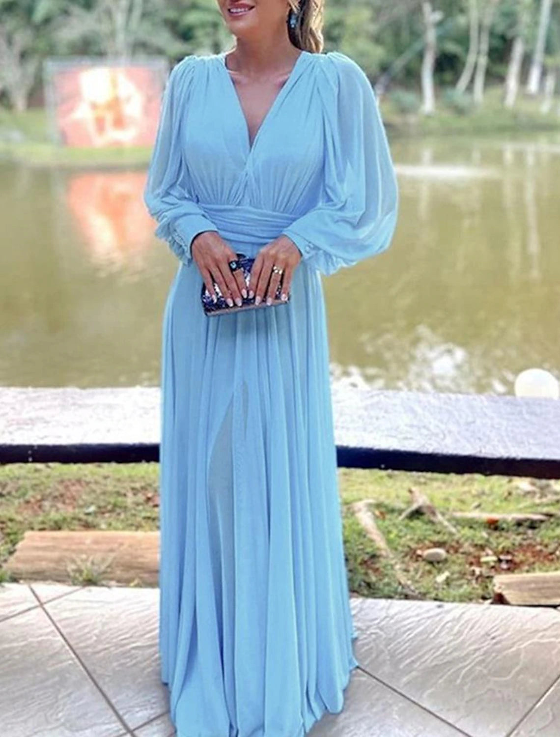 Jumpsuit / Pantsuit Mother of the Bride Dress Formal Wedding Guest Elegant V Neck Floor Length Chiffon Long Sleeve with Pleats Ruched