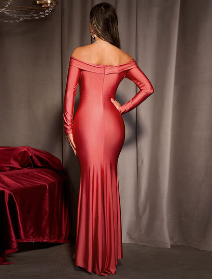 Mermaid / Trumpet Party Dresses Sexy Dress Wedding Party Sweep / Brush Train Long Sleeve Off Shoulder Stretch Satin with Ruched Slit