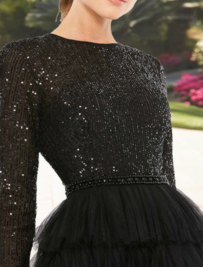 A-Line Cocktail Dresses Sparkle Black Dress Plus Size Party Wear Wedding Guest Tea Length Long Sleeve Jewel Neck Fall Wedding Guest Tulle with Sequin Tiered