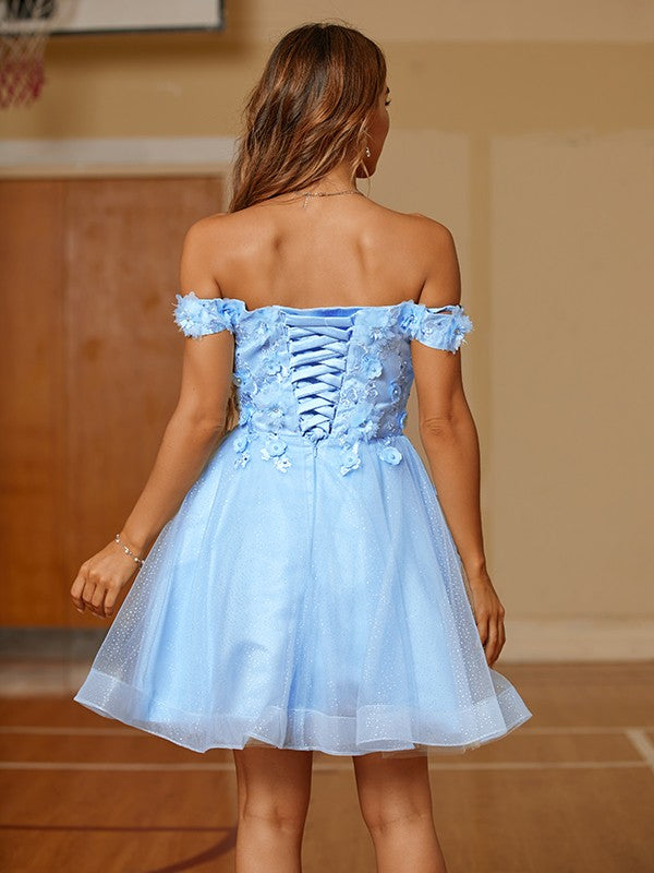 A-Line/Princess Tulle Applique Off-the-Shoulder Sleeveless Short/Mini Dresses
