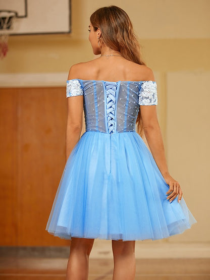 A-Line/Princess Tulle Lace Off-the-Shoulder Short Sleeves Short/Mini Dresses