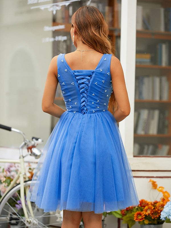 A-Line/Princess Tulle Applique Scoop Sleeveless Short/Mini Dresses