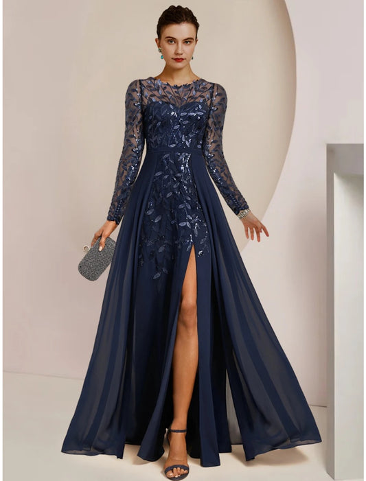 A-Line Mother of the Bride Dress Wedding Guest Elegant Jewel Neck Floor Length Chiffon Lace Sequined Long Sleeve with Split Front Ruching Solid Color